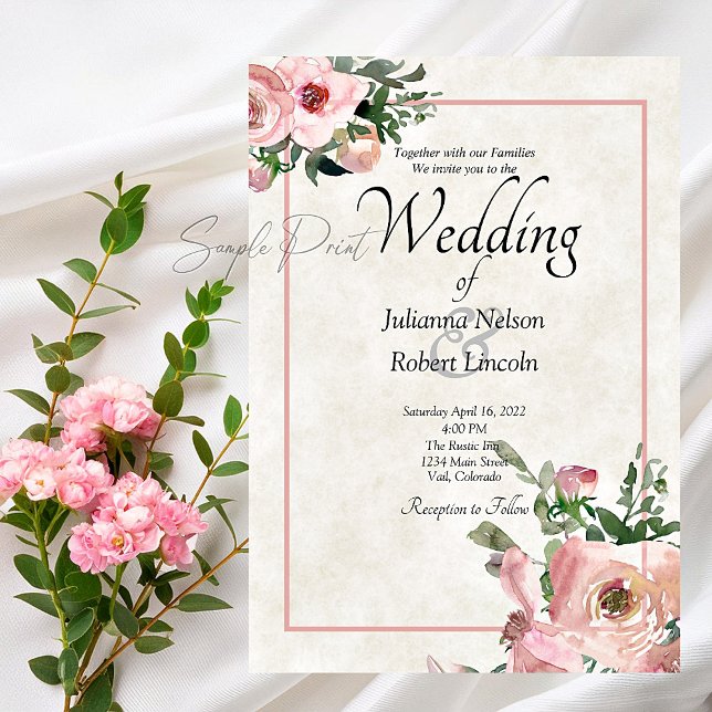 Invitation de mariage à fleurs aquarelles roses bu (Créateur téléchargé)