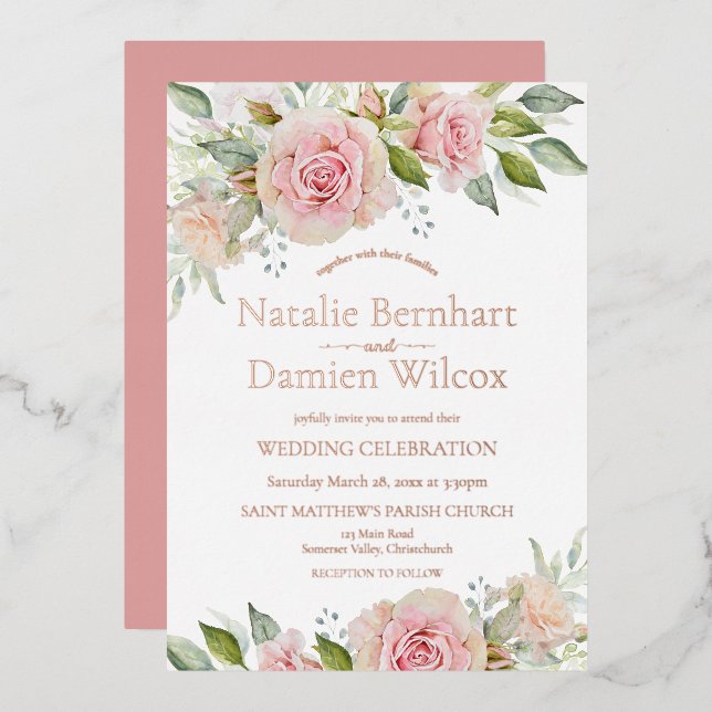 Invitation de Mariage à huile rose et Rose or (Recto/Verso)