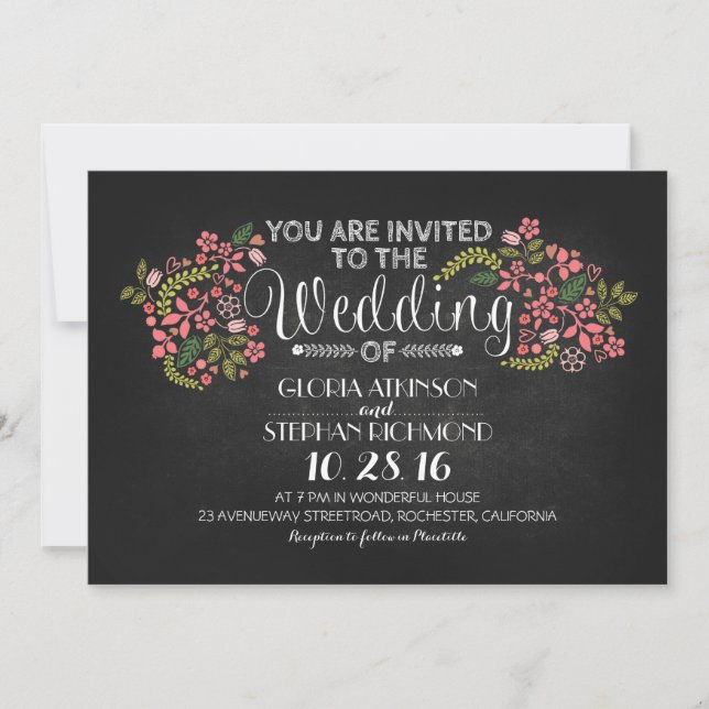 invitation de mariage à la chalkboard à fleurs rus (Devant)