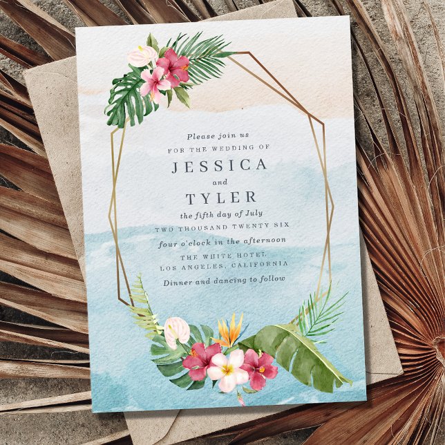 Invitation de mariage à la plage de fleurs tropica (Créateur téléchargé)