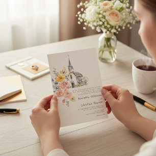 Invitation de mariage à l'église florale aquarelle