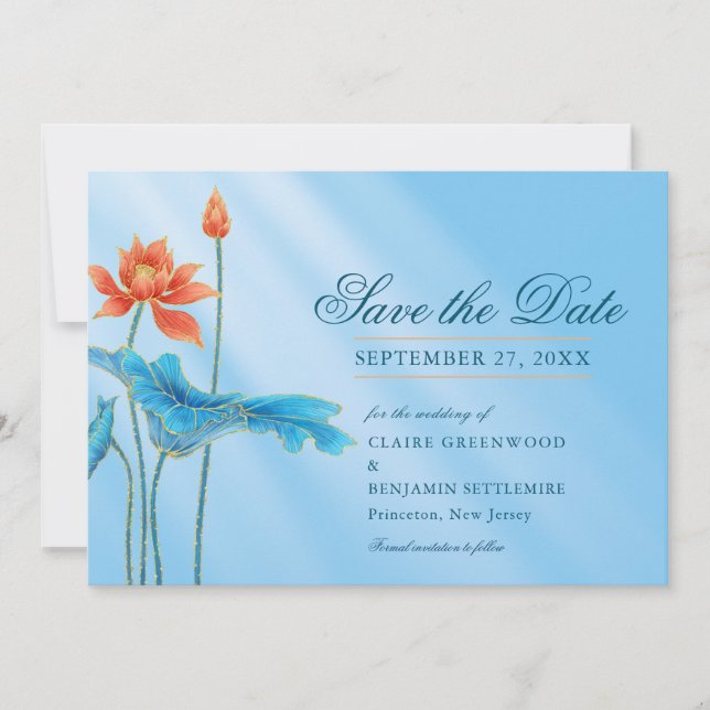 Invitation de mariage à motif floral de lotus bleu (Devant)