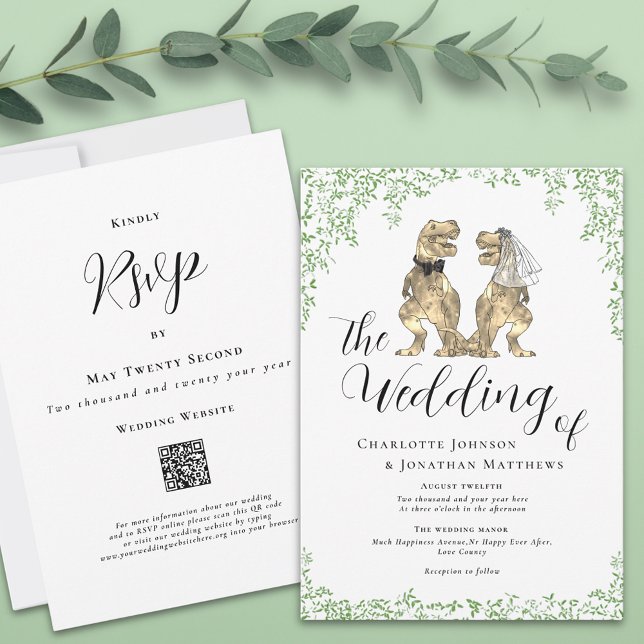 Invitation de mariage à thème dinosaure avec code  (Dinosaur theme wedding qr code invitation watercolor eucalyptus foliage elegant script T-Rex dino)