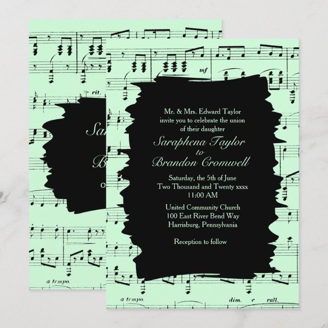 Invitation de mariage Abstraite de musique verte m (Devant / Derrière)