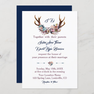 Invitation de mariage Antlers Dusty Blue Rose Fl
