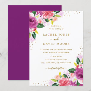 Invitation de mariage aquarelle florale or violet