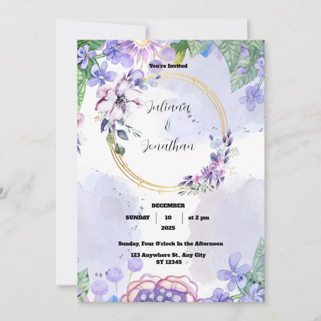Invitation de mariage aquarelle florale verte et v (Devant)