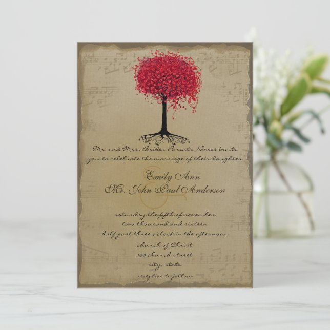 Invitation de mariage Arbre à feuilles Cœur Rouge  (Debout devant)