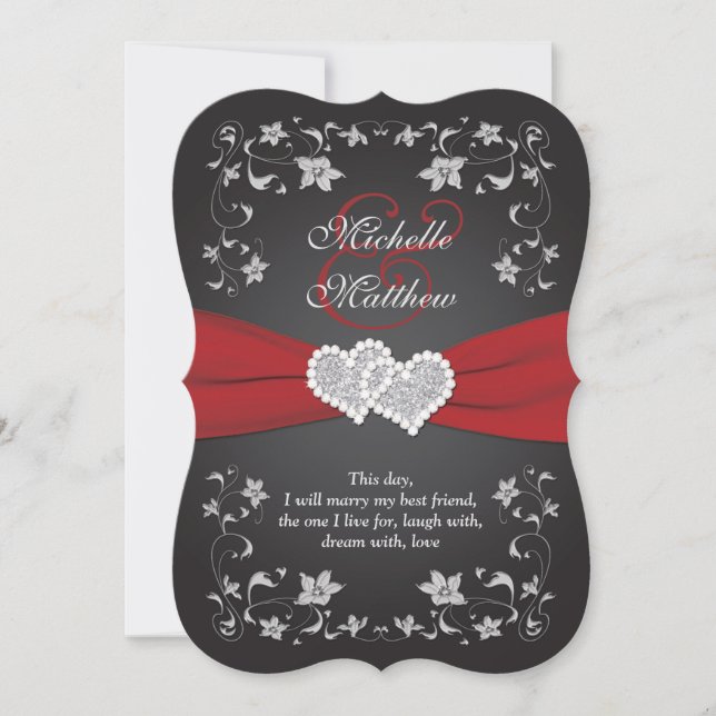 Invitation de mariage | Argent rouge noir, Floral, (Devant)