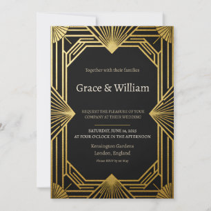 Invitation de mariage Art Déco noir or soleil leva