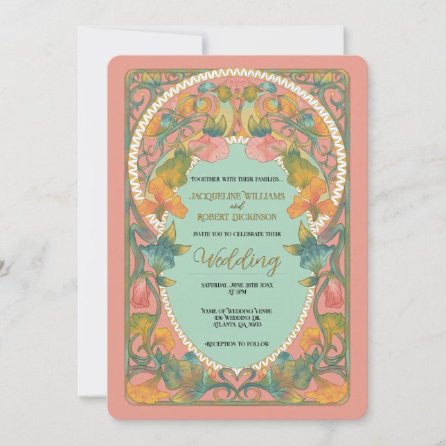 Invitation de mariage Art Nouveau aquarelle rose (Devant)