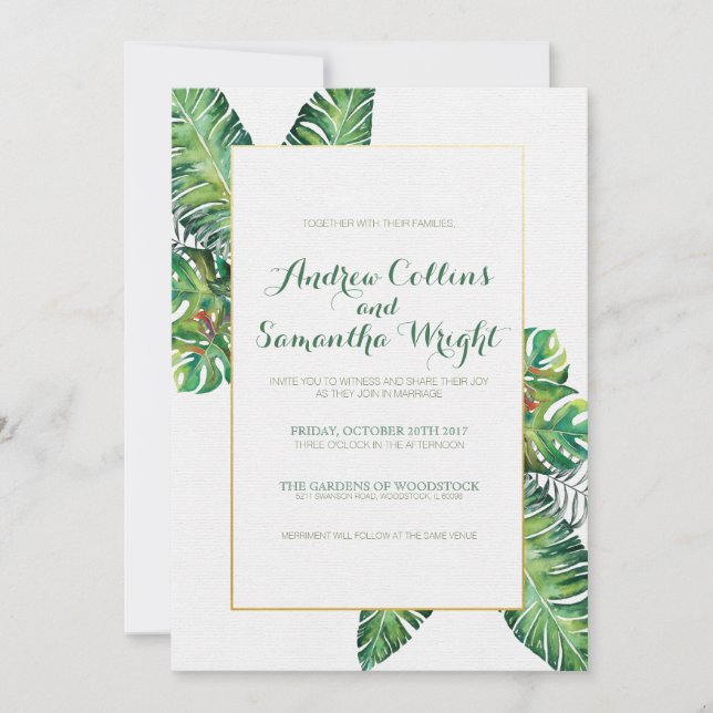 Invitation de mariage aux feuilles tropicales d'ét (Devant)