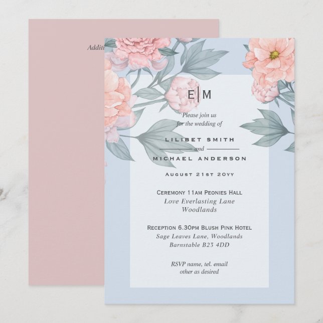 Invitation de mariage aux Pivoines Rose Pêche Roug (Devant / Derrière)