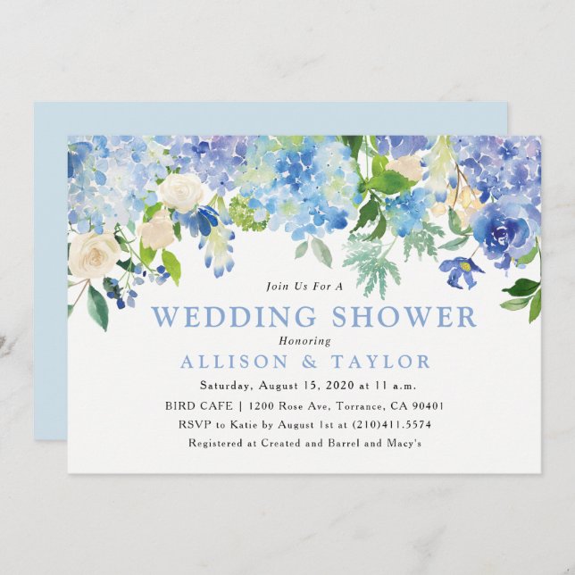 Invitation de mariage avec fleurs aquarelles bleue (Devant / Derrière)