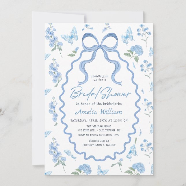 Invitation de mariage avec fleurs d'hortensia bleu (Devant)