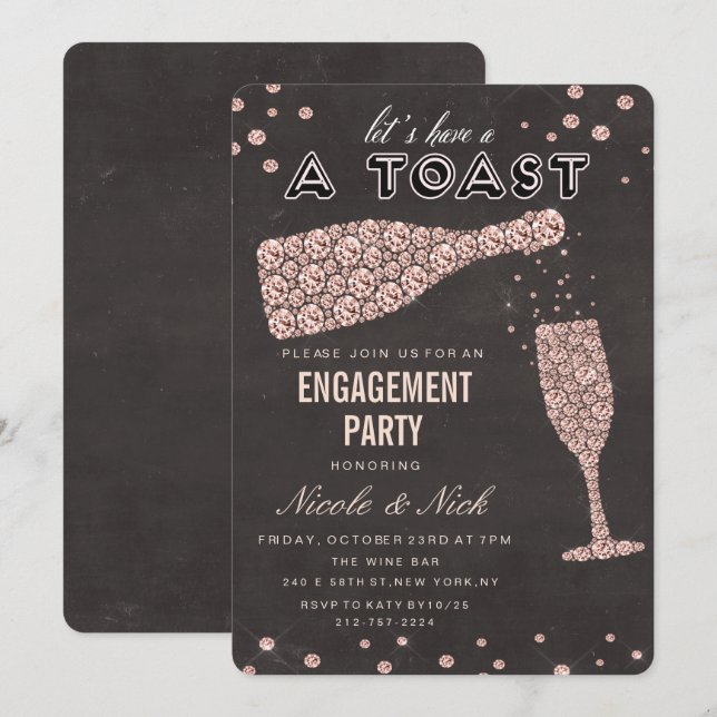 Invitation de mariage avec verre à vin diamanté or (Devant / Derrière)