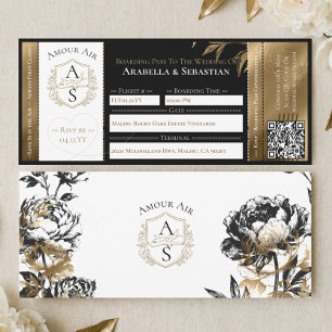 Invitation de mariage billet d'avion floral or noi