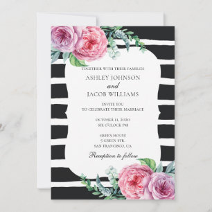 Invitation de mariage bohème. Rayures noires et bl