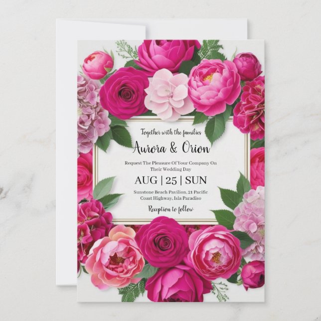 invitation de mariage botanique à fleurs roses cha (Devant)