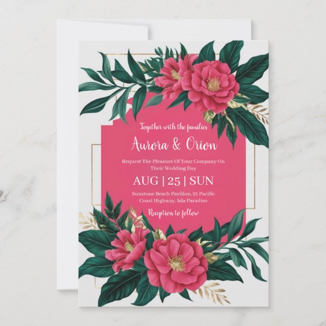invitation de mariage botanique à fleurs roses cha (Devant)