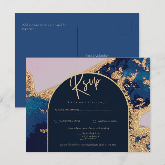 Invitation de mariage Budget Agate Bleu Or Code QR (Devant / Derrière)