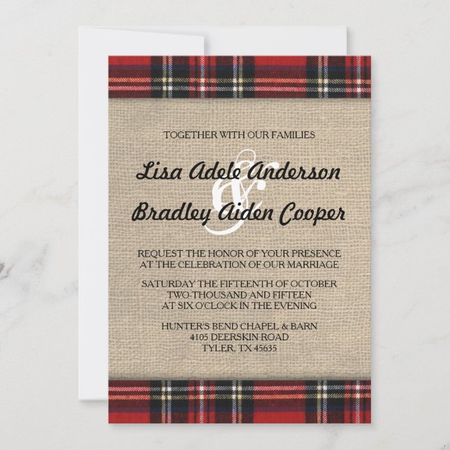 Invitation de Mariage campagnard Rustique Plaid Bu (Devant)