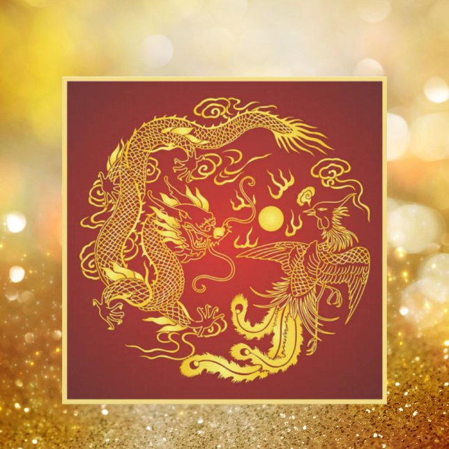 Invitation de mariage chinoise rouge or dragon phé (Dragon Phoenix Red Gold Chinese Wedding Invitation)