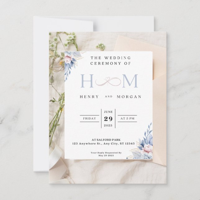 Invitation de mariage, classique avec fleurs bleue (Devant)