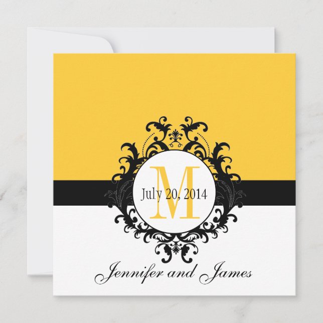 Invitation de Mariage damassé au Monogramme jaune (Devant)