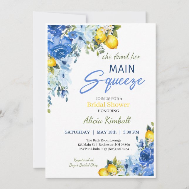 Invitation de mariage de citron florale bleue (Devant)