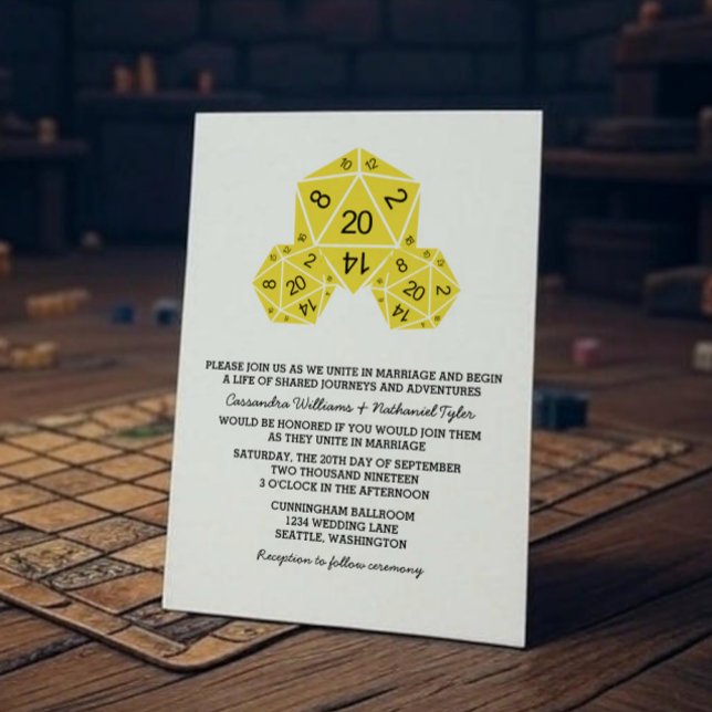 Invitation de mariage de dés D20 Jaune (Yellow D20 Dice Wedding Invite)