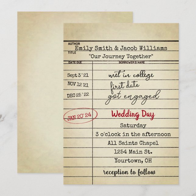 Invitation de mariage de la carte de bibliothèque  (Devant / Derrière)