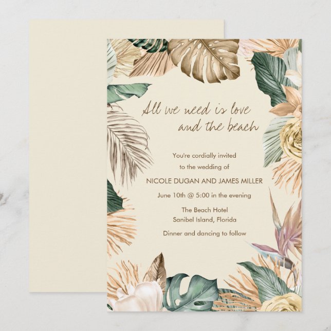 Invitation de mariage de la plage de feuilles trop (Devant / Derrière)