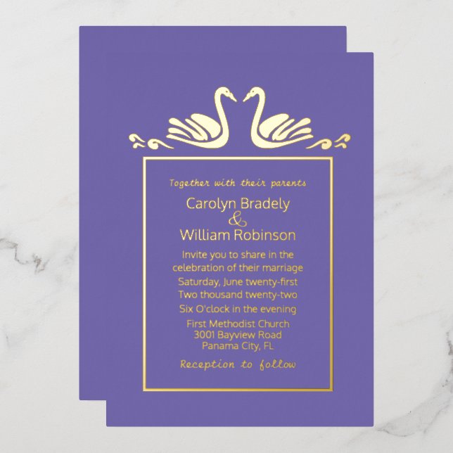 Invitation de Mariage de Lavande Gold Swans (Recto/Verso)
