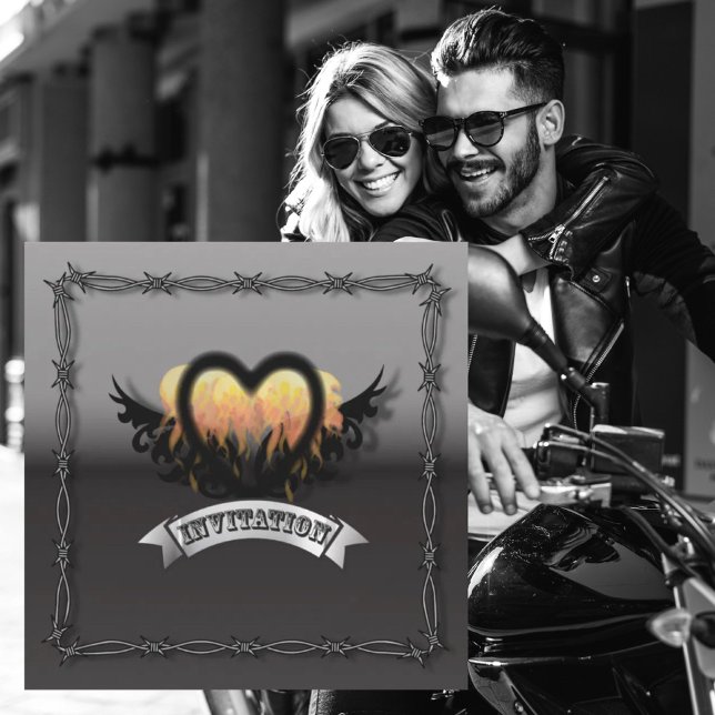 Invitation de mariage de motard Flames Heart RockN (Flames Heart RockNRoll Biker Wedding Invitation)