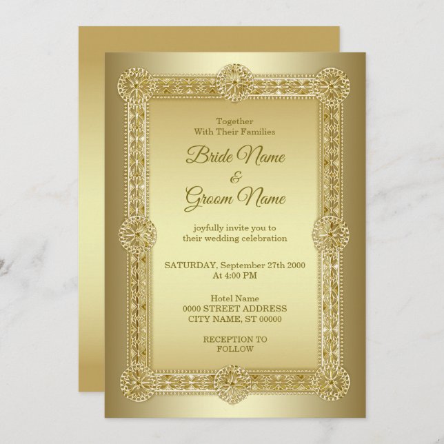 Invitation de mariage décorative en or (Devant / Derrière)