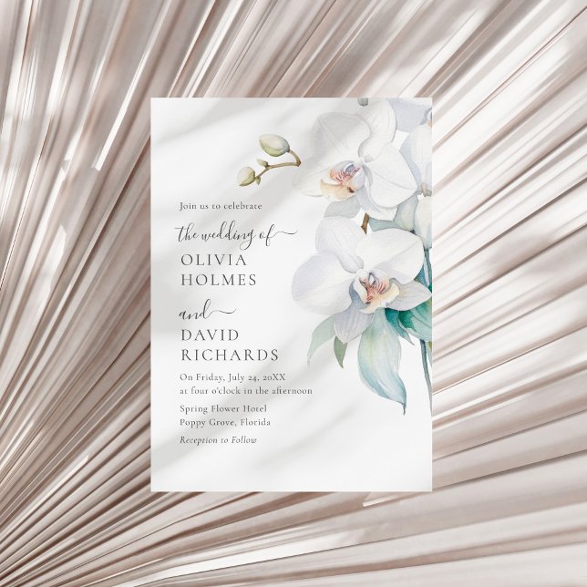 Invitation de mariage d'élégante orchidée blanche  (Modern Elegant White Orchid Wedding Invite on a white dry palm leaf.)