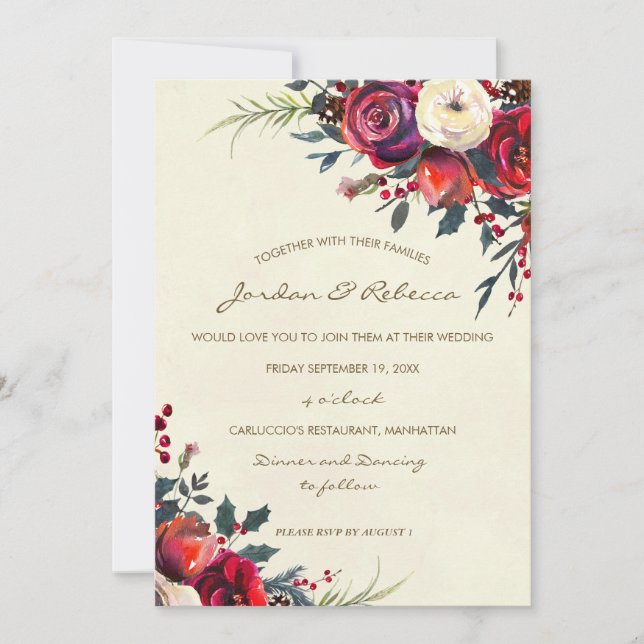 invitation de mariage d'hiver roses baies vacances (Devant)