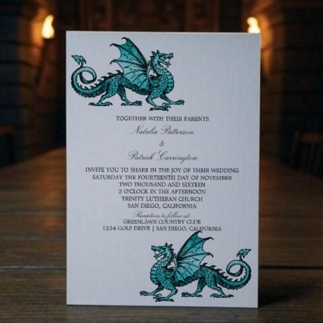 Invitation de mariage du dragon médiéval turquoise (Teal Medieval Dragon Wedding Invite)