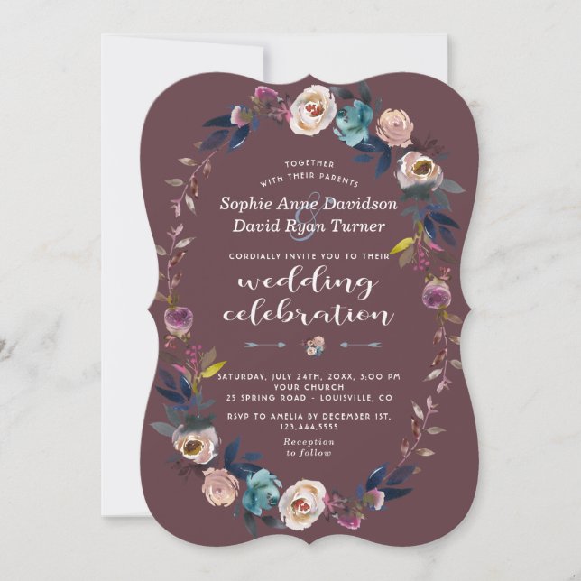 Invitation de mariage | Dusty Blue Floral Wreath M (Devant)