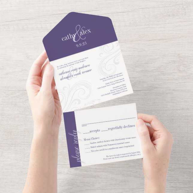 Invitation de mariage élégant, tout-en-un violet (Déchirure)