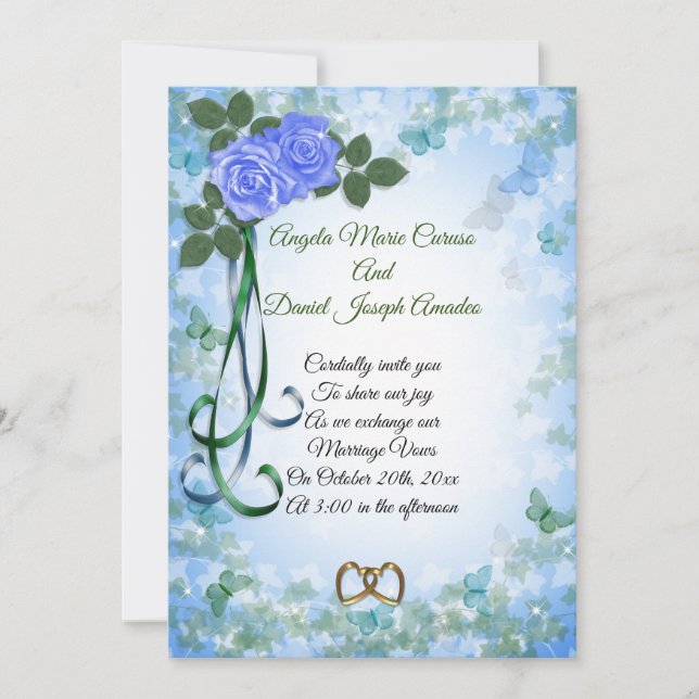 Invitation de mariage élégante aux roses bleues de (Devant)