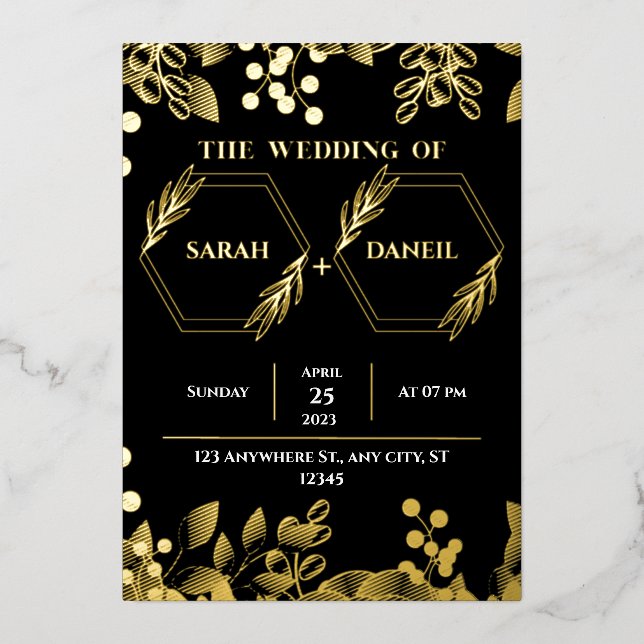 Invitation de mariage élégante avec feuille dorée  (Recto)