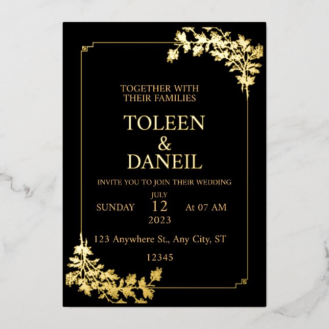 Invitation de mariage élégante noire et dorée à mo (Recto)