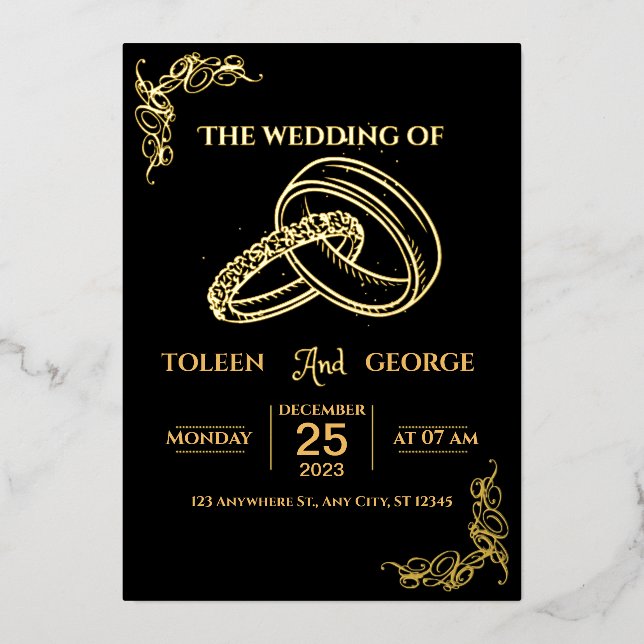 Invitation de mariage élégante noire et dorée à mo (Recto)