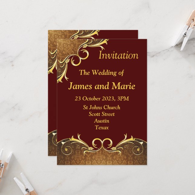 Invitation de mariage élégante, parchemin bergundy (Devant/Arrière en situation)