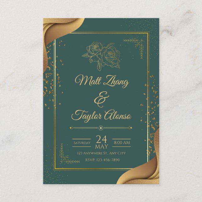 Invitation de mariage élégante verte et dorée (Devant)