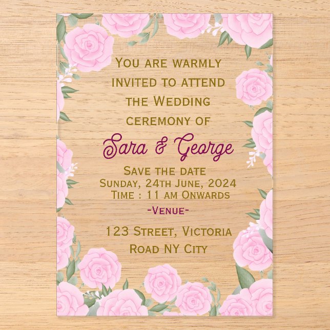 Invitation de mariage en acrylique à motif floral  (Recto)