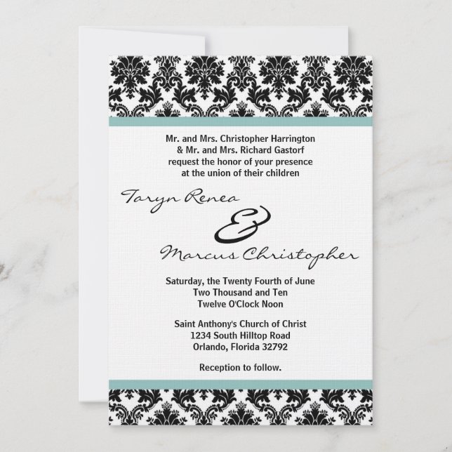 Invitation de mariage en lin bleu avec damas noir  (Devant)