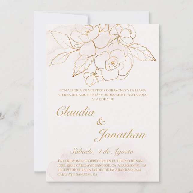 Invitation de mariage espagnole de la fleur d'or (Devant)